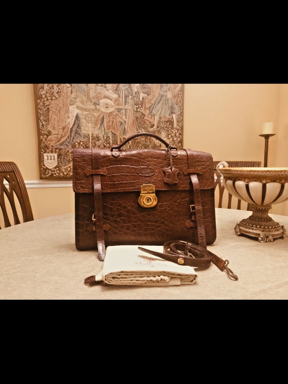 Mulberry Dark Brown Croc-Embossed Leather Briefcase with Gold Hardware
